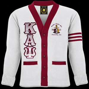 เสื้อคาร์ดิแกนแขนยาวคอวีลายทางสำหรับผู้ชาย แบรนด์ Ka Alpha Psi ผลิตจากผ้าขนสัตว์ 100% ป้องกันการหดตัว ปักอักษรและตราสัญลักษณ์  สำหรับฤดูใบไม้ร่วง รับผลิตแบบ OEM - Product Image 1
