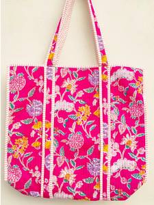 Sac fourre-tout en coton rayé tendance avec deux poignées, patchwork floral, léger, pour les voyages quotidiens - Product Image 2