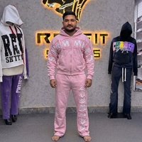Nouvel ensemble de survêtement rose à capuche pour homme, fermeture éclair intégrale, poches latérales, imprimé lettres floquées, style streetwear, grande taille, coupe ample