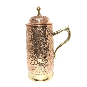 Luxury Pure Cooper Water <b>Jug</b> With Handle & Lid For Home Customized Size <b>Drinking</b> Water <b>Jug</b> With Carving Work at low price - Product Image 1