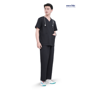 Conjunto de Uniforme Médico para Hombre, Cuello en V, Color Negro, Manga Corta, Tejido de Algodón y Poliéster, Incluye Pantalones - Product Image 2