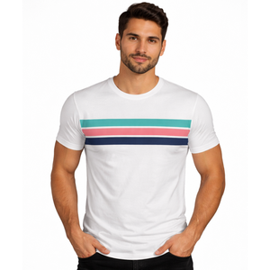 Camiseta Blanca Personalizada con Logotipo para Hombre, Estampado a Rayas en el Pecho, Manga Corta, Corte Ajustado Informal, Ropa de Verano - Product Image 1