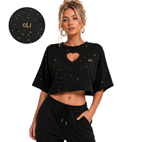 Chemisier court personnalisé en strass avec découpe en cœur pour femme, coupe ample et carrée, en coton épais, détails brodés dorés, ODM