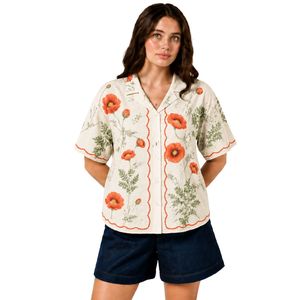 Camisa Blanca con Estampado Floral Naranja para Mujer, Manga Corta, Cierre de Botones, Blusa Casual de Verano de Algodón con Cuello, Tops de Moda Personalizados OEM - Product Image 1