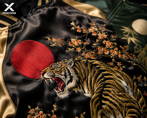 X Sports City Men's Satin Souvenir Varsity <b>Jacket</b> Embroidered Dragon Tiger Cherry Blossom Japanese Style Turn-Down Collar Zipper - Product Image 5