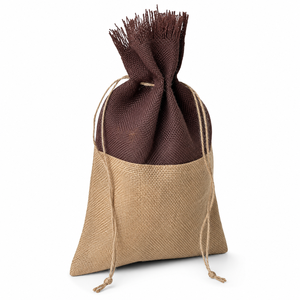 Pochette en jute à cordon de serrage bicolore effilochée avec logo personnalisé 25x34 cm, sac d'emballage cadeau en toile de jute, vente en gros, fabricant OEM, exportateur - Product Image 2
