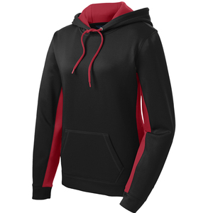 Sweat-shirt à capuche pour femme, noir et rouge, à blocs de couleur, manches longues, en polaire respirant, avec poches, coupe classique, pour l'automne - Product Image 1