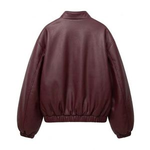 Blouson Bomber Femme Personnalisé en Similicuir Bordeaux, Col Montant, Fermeture Éclair, Poignets Côtelés, Vêtement d'Extérieur Tendance Streetwear Automne - Product Image 2