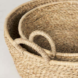 Set of 2 Handmade Seagrass Floor <b>Baskets</b> with Flat Handles Natural <b>Woven</b> Textured Storage KingCraftViet - Product Image 5