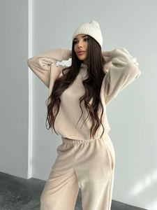 Women's Beige Fleece Tracksuit Set <b>Cropped</b> <b>Zip</b> <b>Up</b> Bomber Hoodies and Wide Leg Pants Casual Outdoor Wear - Product Image 2