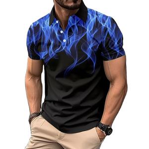 Polos tricotés pour hommes élégants et minces 2025 été polos pour hommes grande taille impression numérique 3D polos à revers à manches courtes avec flamme - Product Image 2