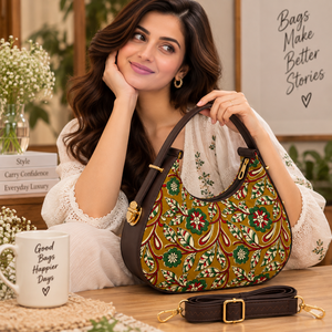 Sac Hobo Bohème à Imprimé Floral pour Femme en Tissu de Coton Marron avec Bandoulière Réglable, Fermeture Éclair et Logo, Accessoires Dorés, Résistant à l'Eau - Product Image 2