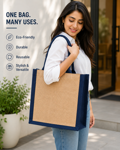 Jute Shopping <b>Bag</b> Medium <b>Navy</b> Blue Handles Grocery Tote Hand Length Handle - Product Image 4
