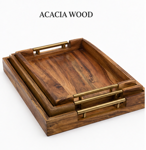 Luxury Acacia Mango Wood Handmade Eco-Friendly Modern Serving Tray Set with Metal Handles Rectangular Breakfast Tea Coffee Tray - Product Image 1