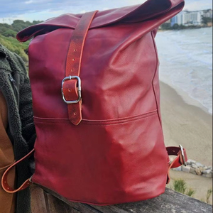 Retro Buckle Leather Roll Top Backpack Antique <b>Brass</b> Hardware Rucksack Vintage Look Travel Bag Men LRTB-0176 - Product Image 1