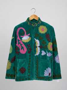 Green <b>Velvet</b> Knitted Embroidered Boho Quilted Cotton <b>Jacket</b> Floral Pockets Long Sleeve O-Neck Loose Fit Women Autumn Party Wear - Product Image 4