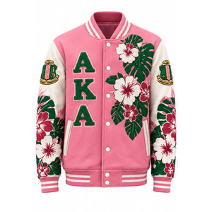 Chaqueta Universitaria de Excelente Calidad, Color Rosa y Verde, Bordada, Estilo Preppy, Manga Larga - Product Image 5