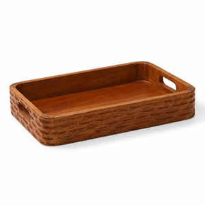 Plateau de service rectangulaire moderne en bois de qualité supérieure |   Bords latéraux texturés surélevés, poignées intégrées, multifonctionnel pour café, thé, collations - Product Image 1