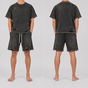 Ensemble T-shirt et short pour homme, été, déchiré, délavé à l'acide, respirant, 280 GSM, look tendance, streetwear, coton - Product Image 2
