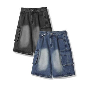 Men's Vintage-Style Black Loose Light Washed Denim Shorts High Waisted Wide Leg Pants Knitted Craft Pocket <b>Windproof</b> 100% Cotton - Product Image 3