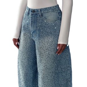 GREEN SWIFT INDUSTRIES Jeans de Mezclilla Ligeros para Mujer, Cintura Alta, Corte Recto, Pierna Ancha, Adornos de Diamantes de Imitación, Estilo Vintage Casual - Product Image 3