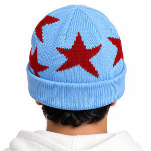 Bonnet en tricot à motif étoile de haute qualité pour hommes, bonnet d'hiver à revers, casquette en tricot côtelé extensible, chapeau personnalisé avec broderie, fournisseur B2B en gros - Product Image 2