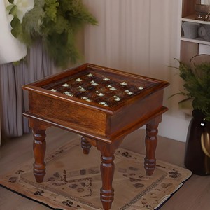 Vintage Carved Bedside <b>Table</b> with Metal Inlay | Antique Carved Top Wooden End <b>Table</b> for Living Room - Product Image 2