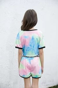 Conjunto Deportivo Tie Dye de Manga Larga, Cuello Redondo, Corte Holgado, Estampado Arcoíris, para Mujer, Informal, Verano, con Bolsillos Laterales - Product Image 3