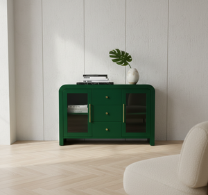 Aparador para Sala de Estar, Mueble Buffet con Tres Cajones Centrales y Dos Puertas Laterales con Frente de Vidrio, Diseño Moderno en Colores Dinámicos - Product Image 6