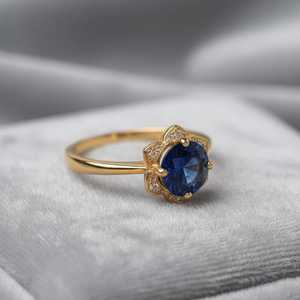 Bague Fleur Saphir Bleu Royal en Argent Sterling 925 Plaqué Or 14K, Halo Floral, Pierre de Naissance de Septembre, Bague de Fiançailles - Product Image 6