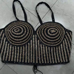 Top Corsé Tejido Negro y Dorado con Perlas y Bordado a Mano para Boda, Primavera/Verano/Invierno, Transpirable - Product Image 1