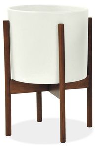 Metal Flower <b>Pot</b> with Wooden Stand Glazed Wabi-Sabi Minimalist Design for Indoor Plants - Product Image 5