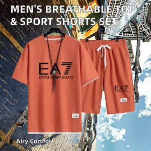 Men's Summer Waffle <b>Knit</b> T-Shirt and Shorts <b>Set</b> Breathable Casual Wear Orange Crew Neck Short Sleeve - Product Image 4