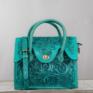 Bolso Tote de Cuero Genuino Turquesa con Patrón Floral Grabado, Estilo Bohemio, Cierre de Broche, Uso Diario, Todas las Temporadas - Product Image 1