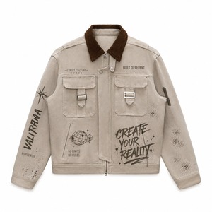 Custom Vintage Streetwear <b>Jacket</b> With <b>Corduroy</b> Collar Graphic Print Multi Pocket Casual Fashion Outerwear For Unisex Wear - Product Image 1