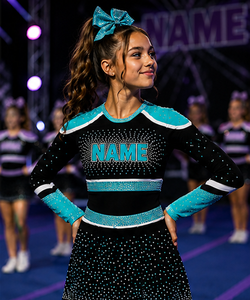 Ensemble d'uniformes de cheerleading personnalisés en strass respirants, bicolores noir et rouge, en spandex durable, tenue professionnelle pour équipe de compétition - Product Image 5