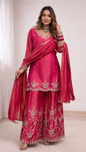 Ensemble Salwar Kameez en Soie Brodé Rose, Longueur Cheville, Tenue Traditionnelle Indienne/Pakistanaise pour Mariage/Soirée d'Été, avec Châle, Séchage Rapide - Product Image 3