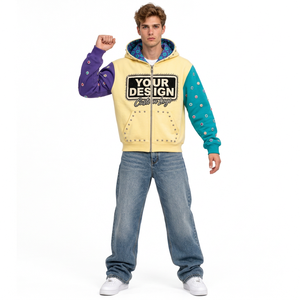 Sudadera con capucha y cremallera para hombre, estilo urbano, informal, de algodón, con diseño de bloques de color, efecto desgastado, bordada, de moda urbana. - Product Image 5