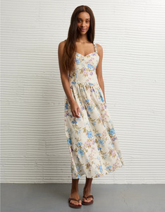 Robe midi moulante en coton pour femme, anti-statique, à motif floral, col en V, décontractée, sexy, taille naturelle, style soirée, respirante - Product Image 1