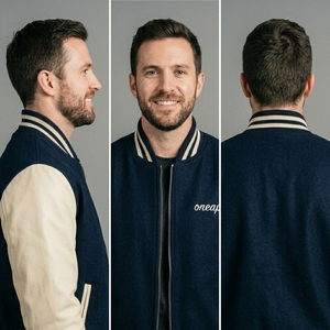 Veste en laine bleu marine pour homme avec manches crème, col et poignets en tricot côtelé, fermeture éclair intégrale, streetwear décontracté haut de gamme, veste bicolore personnalisée - Product Image 5