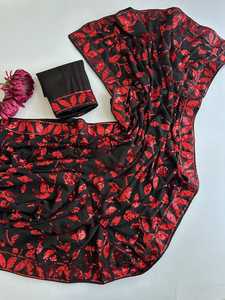 <b>Red</b> White Elegant Black Floral Glitter Print Silk Saree Women's Regular Length Summer Wedding Party Wear India Pakistan Style - Product Image 6