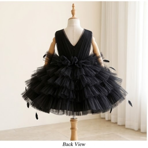 Robe de bal princesse noire unie, longueur genou, en tulle superposé bouffant, style couture, pour anniversaire, spectacle ou fête, pour filles - Product Image 3