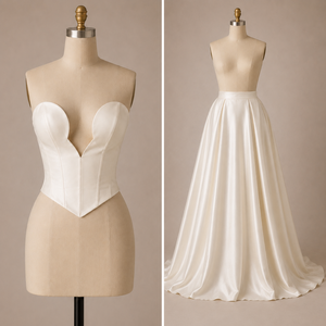 Robe de mariée élégante et moderne en satin, coupe trapèze, sans bretelles, dos lacé, avec poches |   Robe de mariée ivoire naturelle longueur cheville sur mesure - Product Image 5