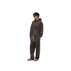 Blouson polaire zippé court marron pour homme avec capuche à cordon de serrage, style streetwear, vente en gros - Product Image 2