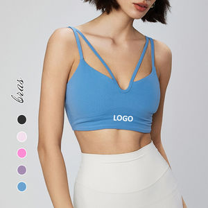 Sujetador deportivo de yoga para mujer al por mayor, de alto soporte, transpirable, color liso, con doble tirante, de Spandex/Nylon, con logo frontal y lazo, cuello en U - Product Image 2
