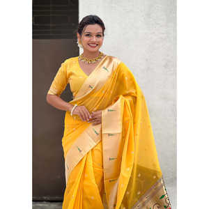 Sari en organza de soie jaune tissé Elite Weaves avec Paithani Zari, tenue ethnique traditionnelle indienne et pakistanaise pour les fêtes, idéal pour l'hiver/été - Product Image 2