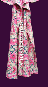 Elegant Floral Print Pink <b>Kaftan</b> Midi V-Neck Long Sleeve Hand-Blocked Artisanal Eco-Friendly Breathable High Waist <b>Summer</b> - Product Image 5