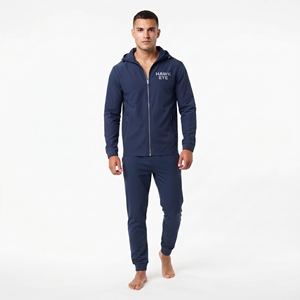 <b>Men's</b> <b>Navy</b> Blue Hooded Tracksuit Full Zip Jacket <b>Jogger</b> Pants Set Casual Athletic Wear Solid Color Breathable - Product Image 2