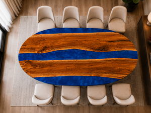 Mesa de Comedor Moderna Ecológica de Madera con Borde Natural y Resina, Ovalada con Incrustaciones Azules, Decoración de Muebles para Interiores para Diwali - Product Image 2