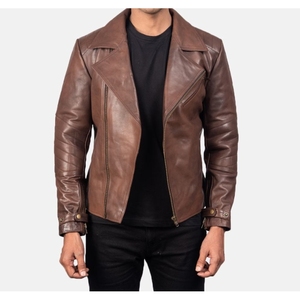 <b>Men's</b> Brown Genuine <b>Leather</b> Moto <b>Jacket</b> Turn-down Collar Zipper Closure Slim Fit Solid Color OEM Service <b>Jacket</b> For Sale - Product Image 2